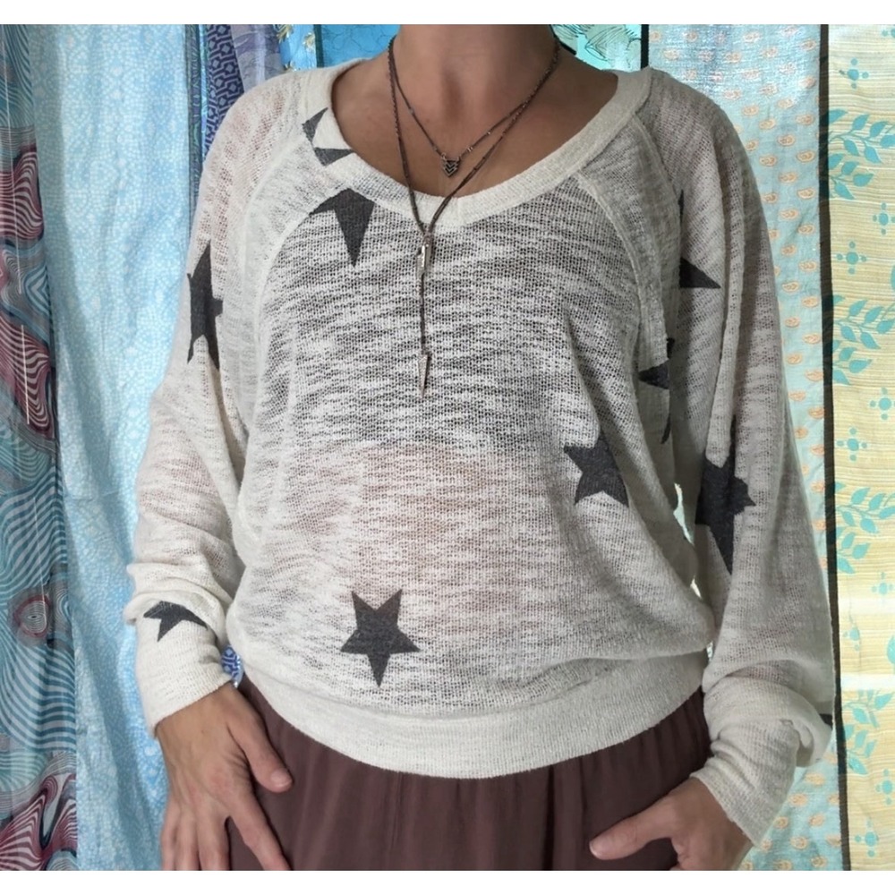 Oversized Slouchy Star Print Sweater S Celestial Boho Indie Dolman Sleeve Sheer - Picture 7 of 8